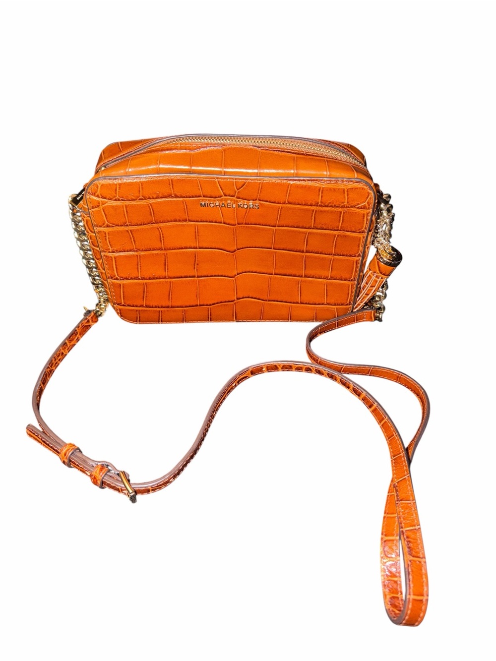 Michael Kors Orange Croc-Embossed Leather Crossbody with Gold Chain